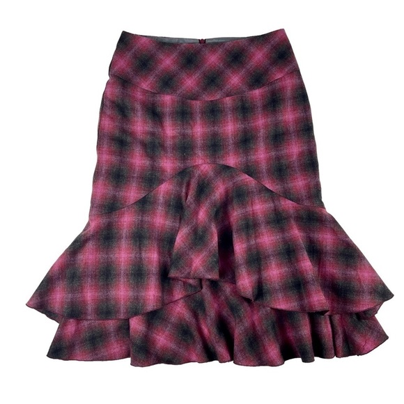 TRINA TURK TARTAN PLAID WOOL BLEND MERMAID RUFFLE TIERED SKIRT - Picture 2 of 10